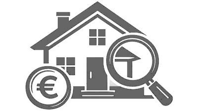 Wertermittlung & Immobilienbewertung – Haus mit Lupe und Euro-Symbol Icon: Haus mit Lupe und Euro-Symbol für Wertermittlung und Immobilienbewertung