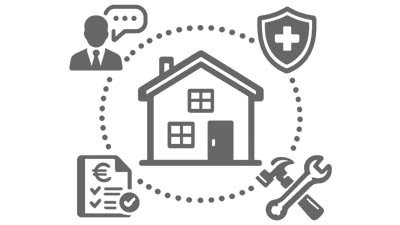 Service rund um Immobilien – Beratung, Bewertung und Instandhaltung Icon: Haus mit Symbolen für Beratung, Dokumente, Schutz und Reparaturservice